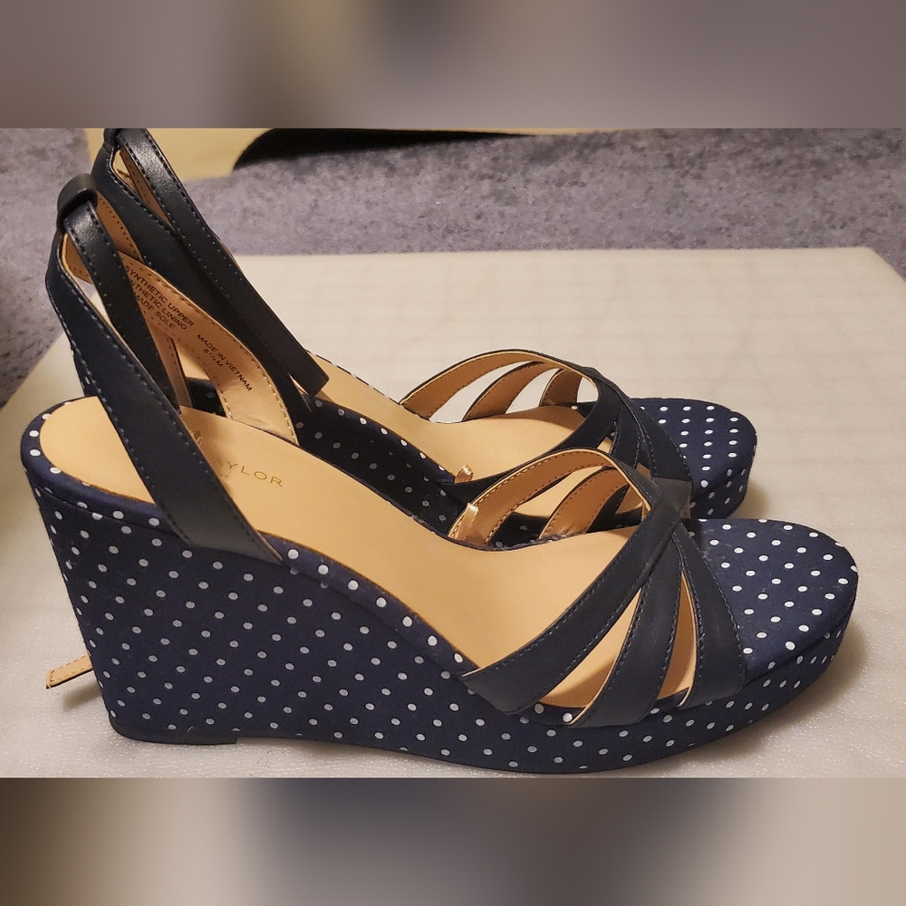 Ann Taylor Factory navy blue polka dot wedge heel sandle